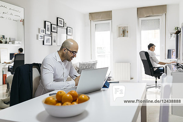 Two men working in home office