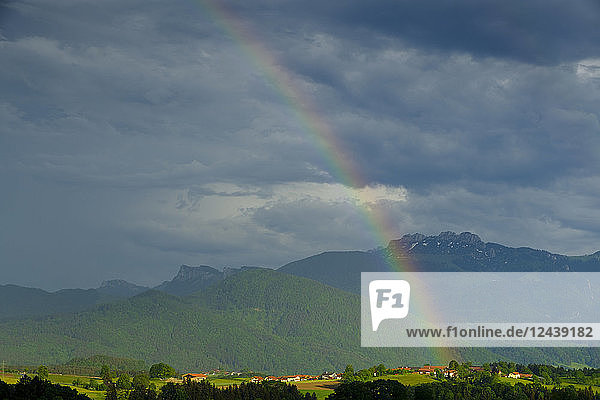 Germany  Bavaria  Upper Bavaria  Chiemgau  Rainbow over Leitenberg  Kampenwand in the background