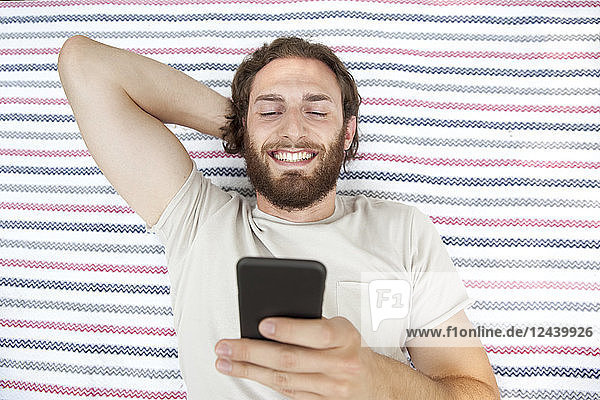 Portrait of smiling man lying on blanket in a park using cell phone  top view