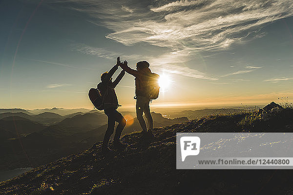 Austria  Salzkammergut  Cheering couple reaching mountain summit