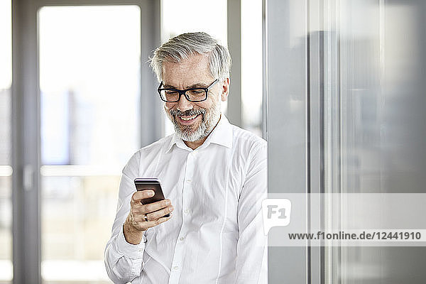Smiling businessman at the window looking on cell phone