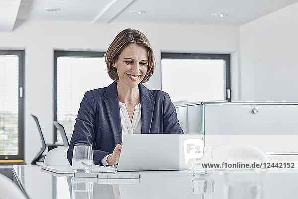 Smiling businesswoman using laptop at desk in office