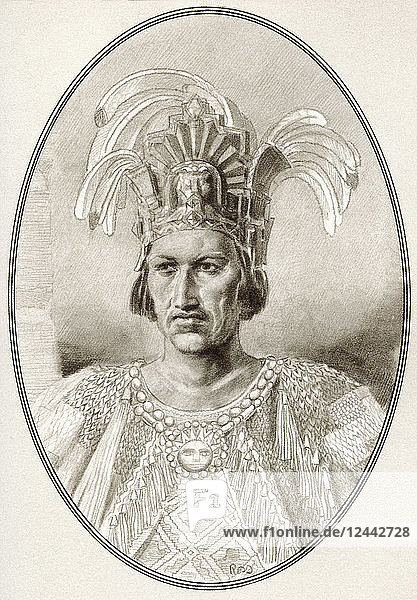 Moctezuma II   c. 1466 – 1520  also spelled Montezuma  Moteuczoma  Motecuhzoma  Mot?ucz?mah  and Motecuhzoma Xocoyotzin. Ninth tlatoani or ruler of Tenochtitlan  Mexico. Illustration by Gordon Ross  American artist and illustrator (1873-1946)  from Living Biographies of Famous Rulers.