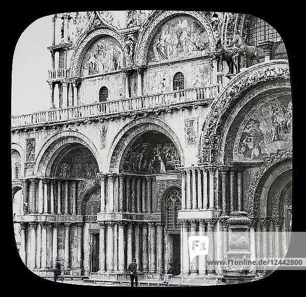 St. Mark's Cathedral  Venice circa 1900 on a magic lantern slide  photographs created in 1888 by Joseph John William. Details of the decorative facade of the left side of the building; Venice  Italy