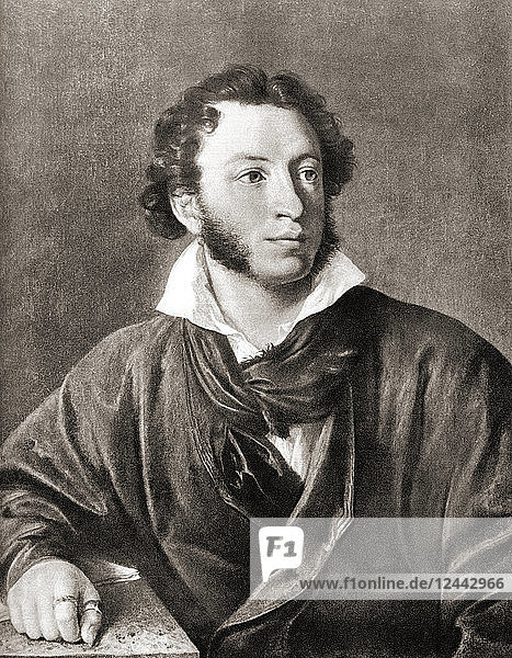 Alexander Sergejewitsch Puschkin  1799 - 1837. Russischer Dichter  Dramatiker und Romancier der Romantik. Nach einem zeitgenössischen Druck.