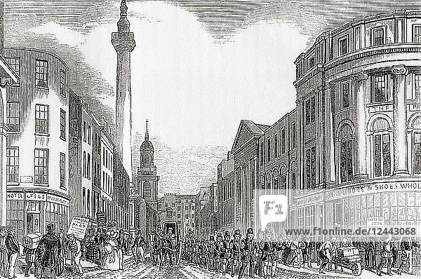 Old Fish Street Hill and the Monument to the Great Fire with members of the London Fire Brigade  London  England  19th century. From Old England: A Pictorial Museum  published 1847.