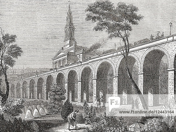 The London and Greenwich Railway (L&GR)  opened in London  England between 1836 and 1838. It was the first steam railway in the capital  the first to be built specifically for passengers  and the first entirely elevated railway. From Old England: A Pictorial Museum  published 1847.