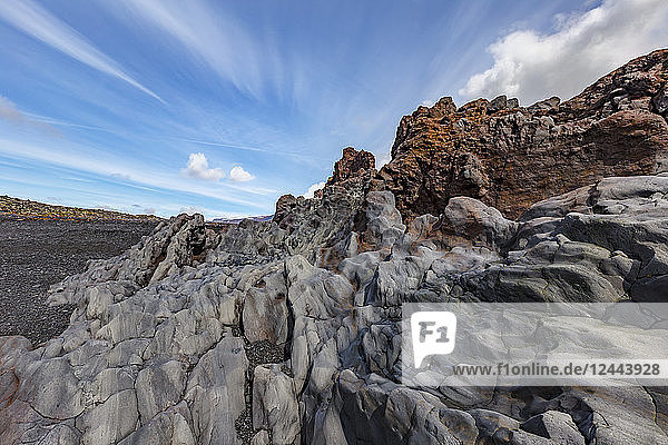 A beautiful lava rock formation on the black sand beach at Snaefellsjokull National Park Iceland