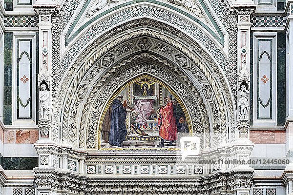 Mosaic of Virgin Mary on the facade of the Florence Cathedral  Cathedral of Saint Mary of the Flower  Florence  Tuscany  Italy