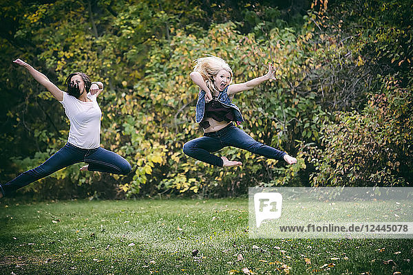 Zwei Freundinnen  die durch die Luft springen und versuchen  eine Kampfsport-Kick-Bewegung zum Spaß im Freien in einem Park an einem Herbstabend durchzuführen  Edmonton  Alberta  Kanada