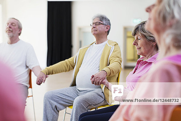 Serene active seniors holding hands  meditating