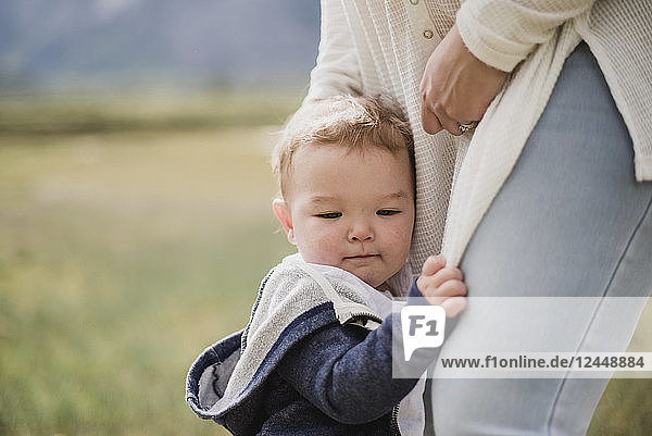 Affectionate baby son clinging to mother s legs