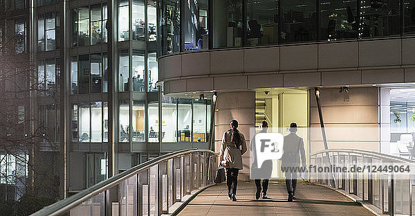 Business people walking on urban pedestrian bridge at night