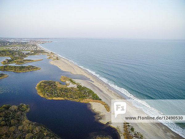 Aerial drone view of Rhode Island beach shoreline