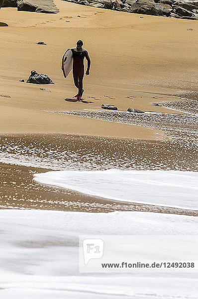 Bodyboarder walking on the beach after a surf session.
