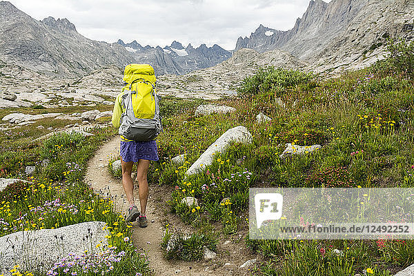 A woman hiking along trail into Titcomb Basin in the Wind River Range  Bridger Teton National Forest  Pinedale  Wyoming.