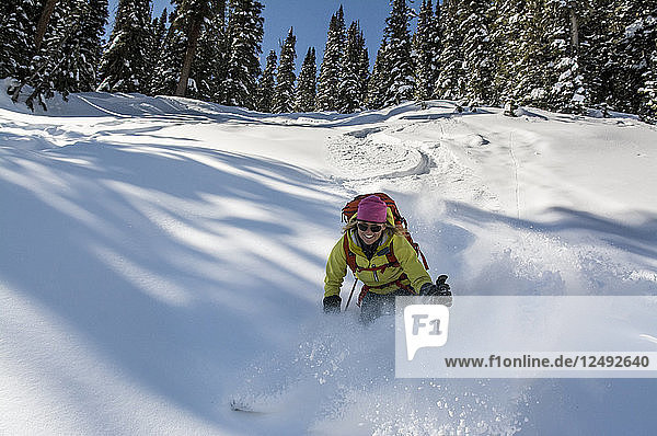 Eine Frau beim Skilanglauf im Deer Creek  San Juan National Forest  Durango  Colorado.