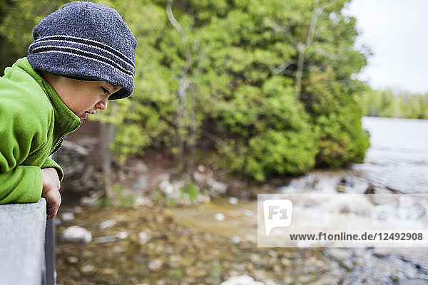 A 4 year old Japanese American boy looks over a the edge of a wooden foot bridge along the Georgian Bay Trail while exploring the Bruce Peninsula National Park  Ontario  Canada.