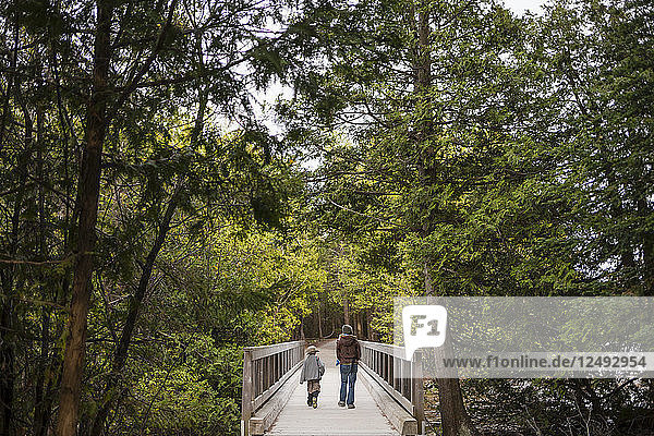 A 6 year old Japanese American boy and his mother walk across a wooden foot bridge along the Georgian Bay Trail while exploring the Bruce Peninsula National Park  Ontario  Canada.