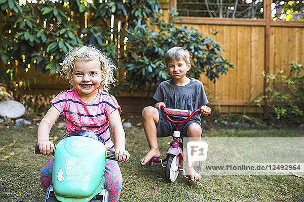 A smiling blond toddler girl in pink and a blond boy sit on tricycles in a backyard.