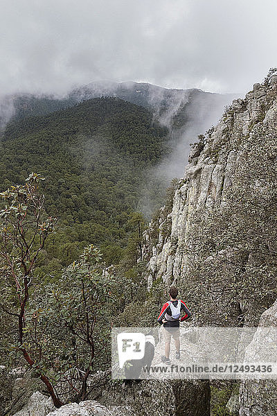 Mann mit seinem Hund  der auf einem Felsen steht und die Landschaft betrachtet  Rancho Santa Elena  Hidalgo  Mexiko