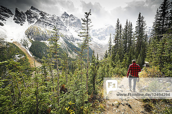 Ein Wanderer geht durch den Wald im Banff National Park  Kanada  mit schneebedeckten Bergen im Hintergrund.