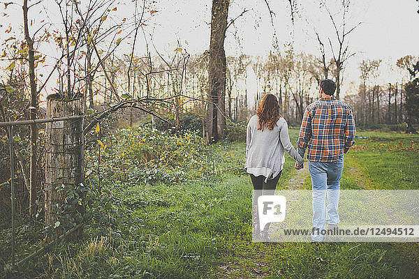 A couple hold hands while walking along an old farm road.