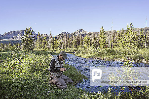 Man fly fishing Brooks Lake Creek in Shoshone National Forest Wyoming