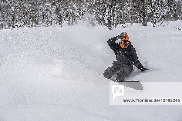 Snowboarder bei einem Turn im Pulverschnee in Niseko  Japan