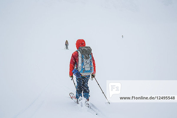 A skier moves quickly as snow falls towards a white horizon during the Spearhead Traverse in the Coast Mountains of British Columbia  Canada.
