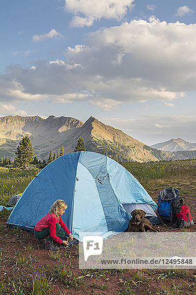 Young girl setting up camp tent along Colorado Trail near Trout Lake and¬ÝKennebac¬ÝPass in San Juan National Forest