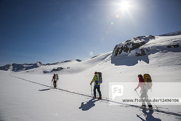 Skiers ascend a skin track at the top of a mountain in Whistler  British Columbia  Canada.