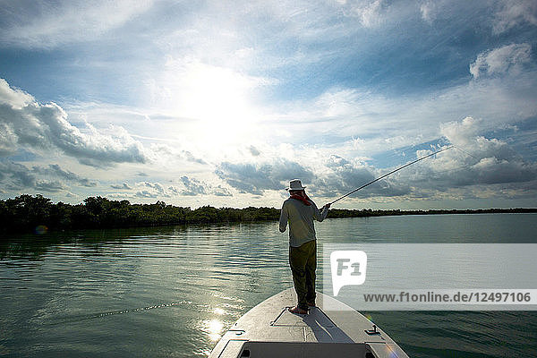 Ein Fliegenfischer wirft am Ufer einer Mangroveninsel in der Florida Bay.