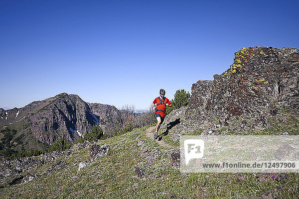 Mann beim Trailrunning auf dem Mount Blackmore Trail im Hyalite Canyon in Bozeman  Montana.