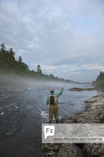 Rear View Of A Fly Fisherman Fishing At Kennebec River  Maine
