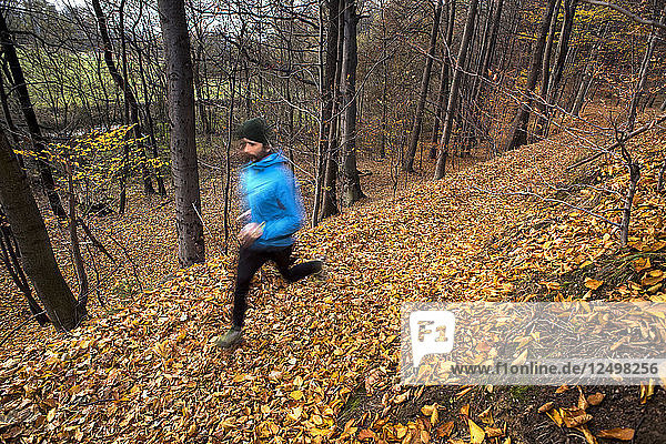 An Adult Man Running In A Forest Trail
