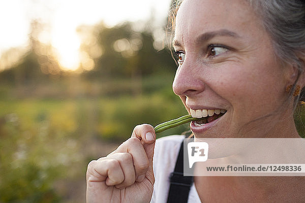 A Woman Takes A Bite Of A Freshly Picked Bean While Gardening In Fort Langley