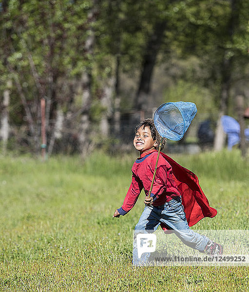 Young Asian Boy Chasing Butterflies On Grassy Landscape