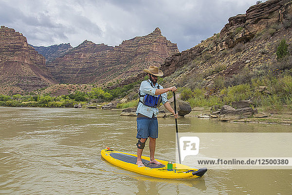 SUP in Desolation Canyon along the Green River in Utah.