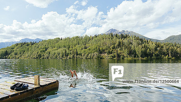 A Person Dives Into Long Lake Along The Mccarthy Road  Alaska  Usa