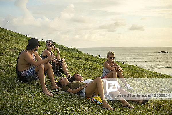 Eine Gruppe von Freunden entspannt sich auf einer Wiese an der Küste