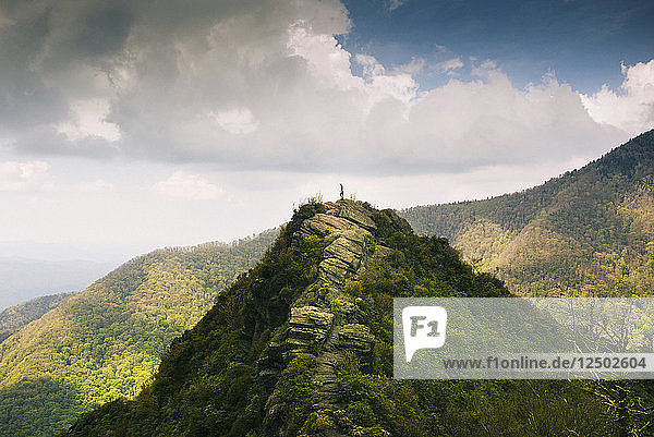 Distant View Of A Man Standing On A Mountain Top In The Smoky Mountain National Park