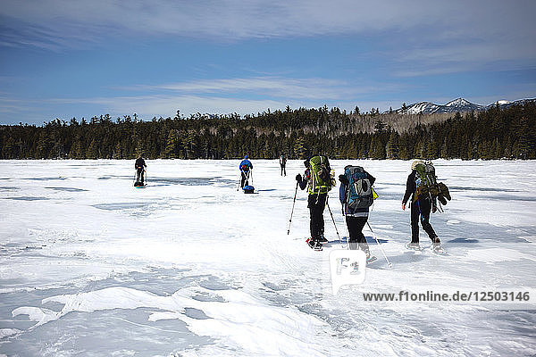 A small group of hikers crossing Daicey Pond in Baxter State Park. Some on Snowshoes  and some on cross country skies while pulling pulk sleds.