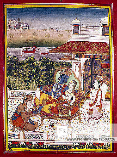 Indische Miniatur mit Krishna und einer Prinzessin auf einem Sofa  18. Jahrhundert. Künstler: Unbekannt