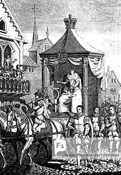 Elisabeth I. auf dem Weg zur Eröffnung der ersten Royal Exchange  London  23. Januar 1571 (um 1680). Künstler: Unbekannt