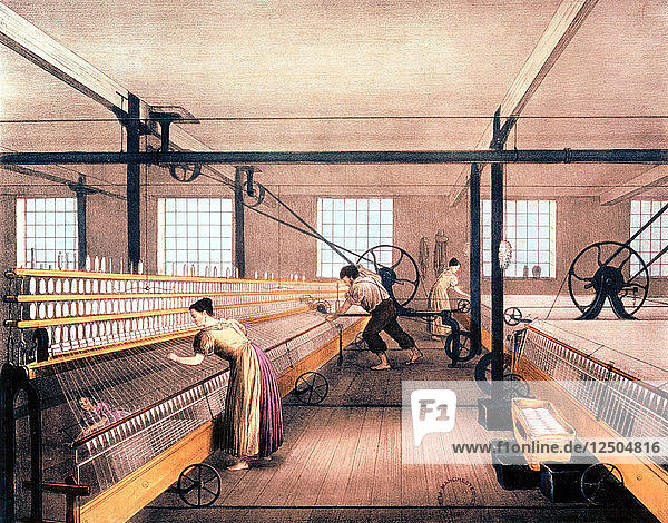 Baumwollspinnen mit selbsttätigen Maultieren  wie sie Richard Roberts 1825 erfand (um 1835). Künstler: Unbekannt