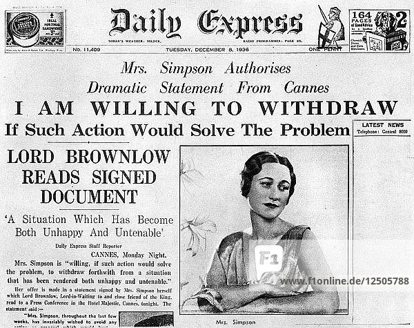 Mrs Simpson offers to withdraw  8 December 1936. Artist: Unknown