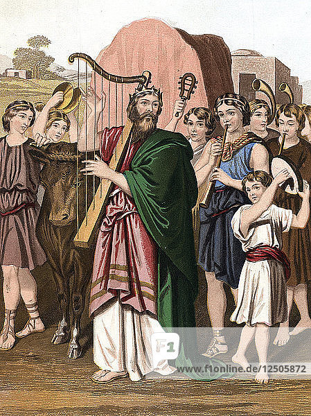 König David spielt auf seiner Harfe vor der Arche  Mitte des 19. Jahrhunderts. Künstler: Unbekannt