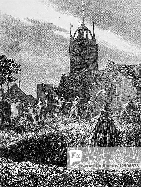 Filling a mass grave at night during the Plague of London c1665. Artist: Anon