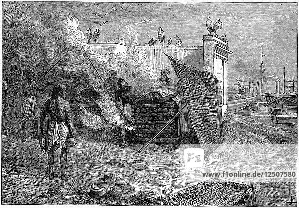 Cremation of the dead on funeral pyres Calcutta India 1879. Artist: Unknown